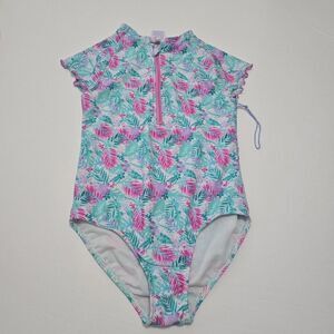 NWOT - More Than Magic M (7/8) Girls Swimsuit  One Piece Zip Kids Tropical